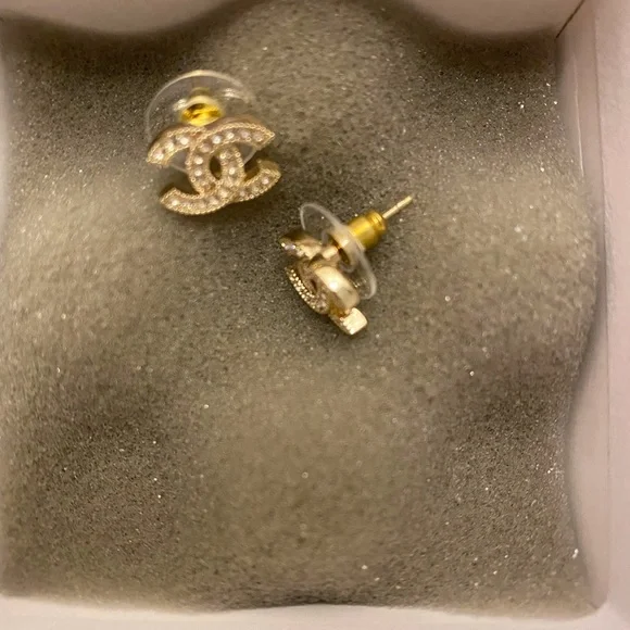 Chanel Gold Metal and Silver Crystal Mini Tiny Classic Stud Earrings - Picture 8 of 10